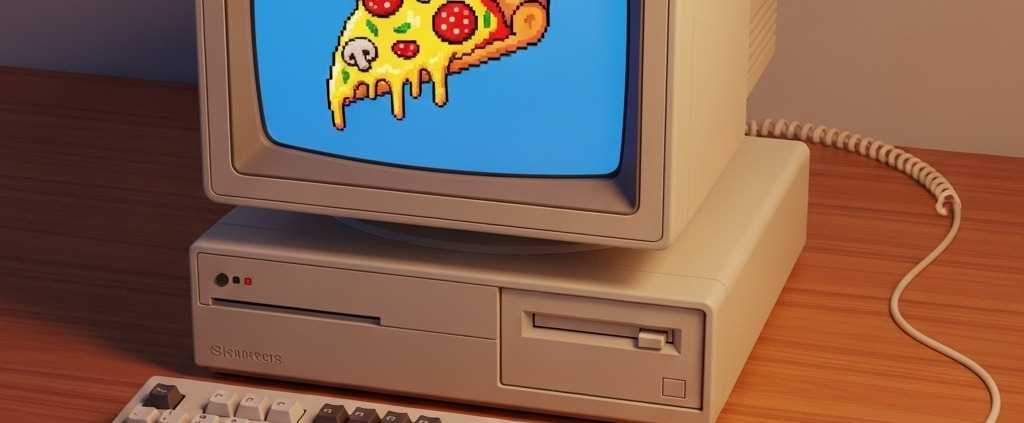 Vintage computer on a wooden desk displaying a pixel art slice of pepperoni and mushroom pizza